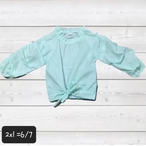 Boutique Mint green puffy sleeve ruffled neck tie button Long sleeve shirt 6/7